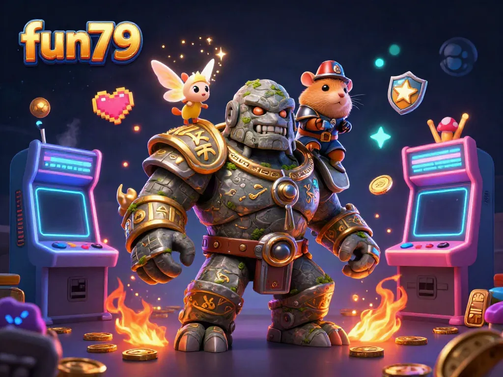 Experience the excitement of fun79 with vibrant characters and dynamic casino elements in 3D digital art.