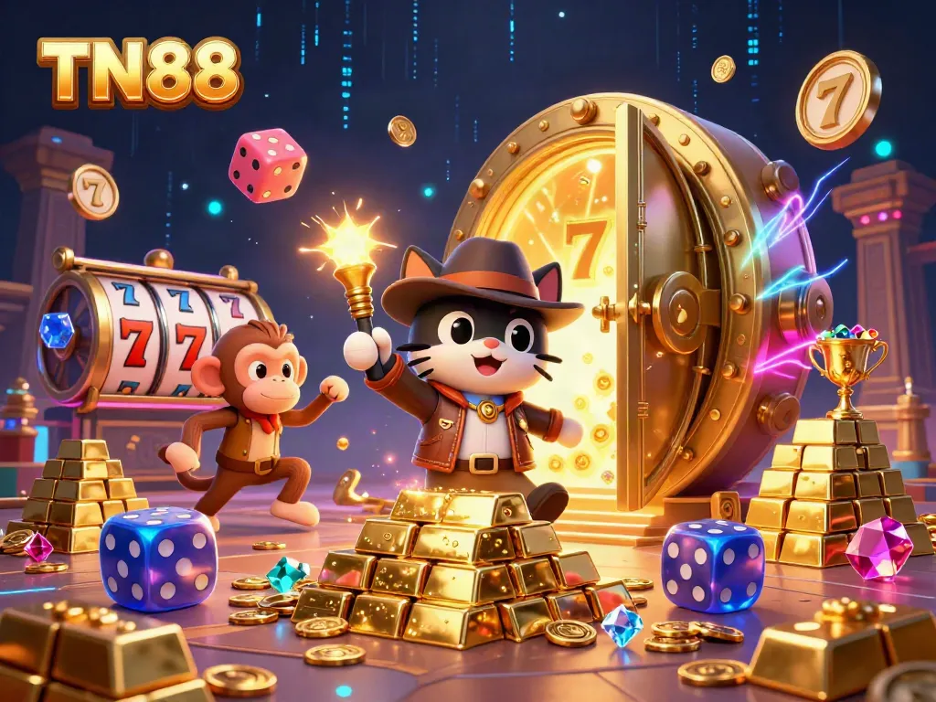 Experience thrilling slots at TN88 with a cat archaeologist uncovering golden artifacts in a captivating temple.