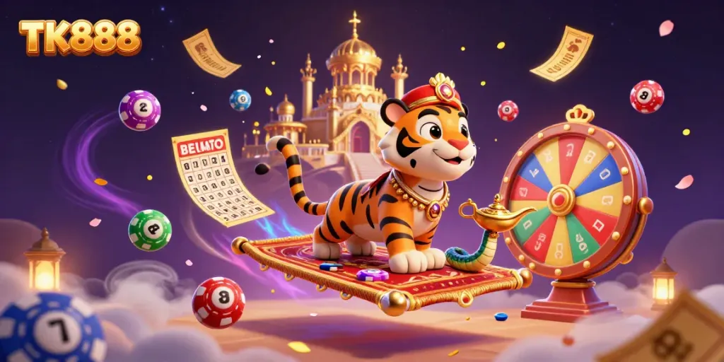 Experience the magic of TK888 with vibrant lottery balls and a mystical sultan in a casino-themed scene.