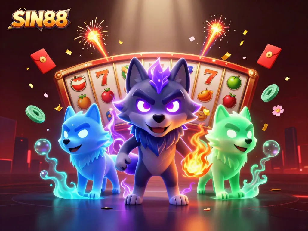 SIN88 showcases a wolf leader with glowing eyes in a vibrant casino scene with slot elements and red envelopes.