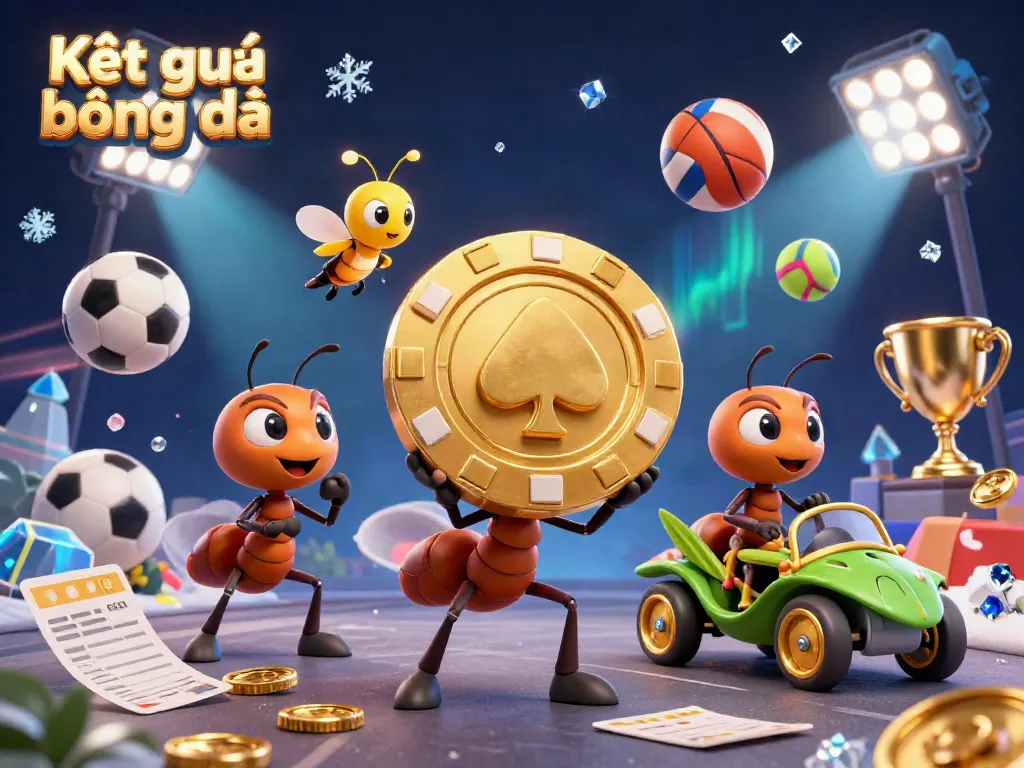 Team of ants on a heist carrying a giant poker chip, highlighting Kết quả bóng đá with golden sports elements.