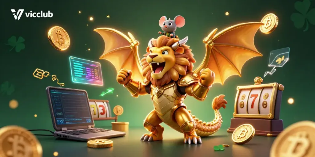 Experience thrilling gameplay with vicclub's dynamic 3D casino scene featuring vibrant digital elements, coins, and a roaring chimera.