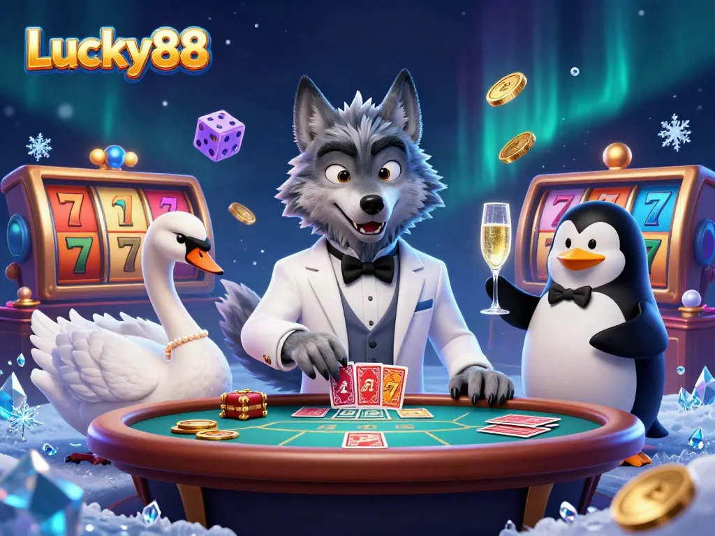 Experience the thrilling world of Lucky88 with vibrant casino scenes featuring dynamic characters and exhilarating game elements.