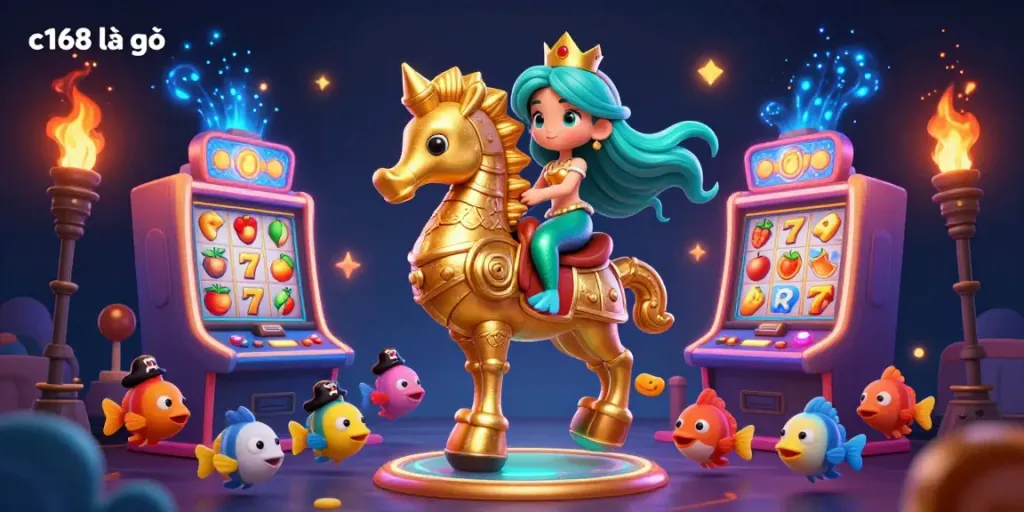 Engage with the vibrant world of c168 là gì as a cartoon mermaid rides a golden seahorse amidst casino elements.