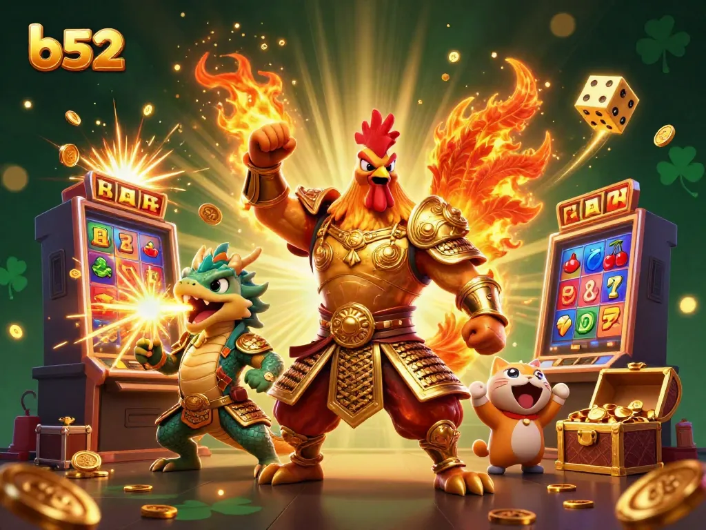 b52 gaming adventure featuring a rooster warrior, dragon hatchling, and lucky cat amidst a slot machine jackpot explosion