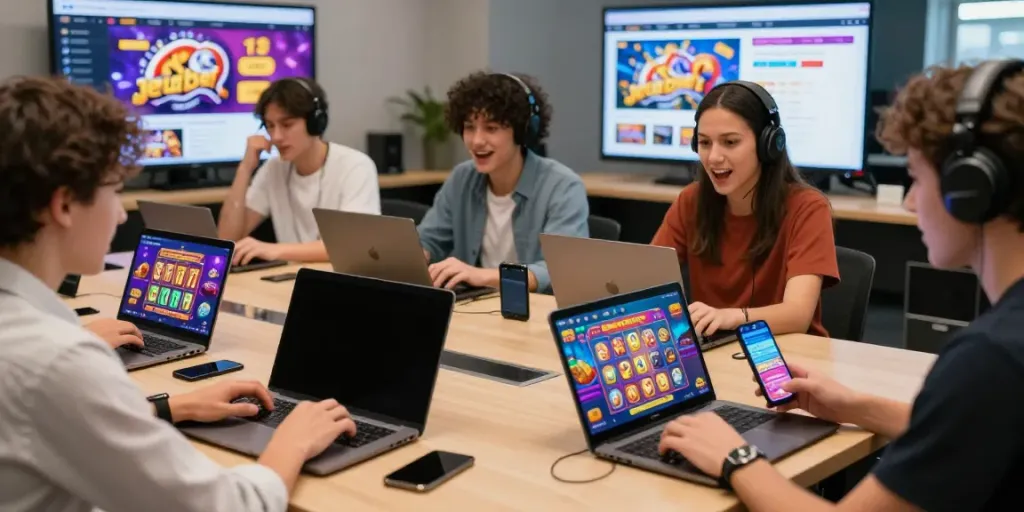 Excited players enjoying jerukbet Slot777 games on diverse devices in a lively gaming environment.
