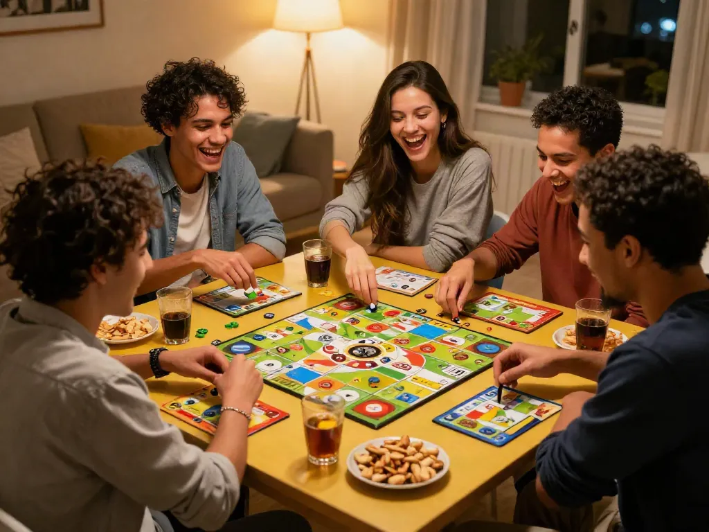 Kilat404 gaming night with friends surrounded by board games, snacks, and laughter.