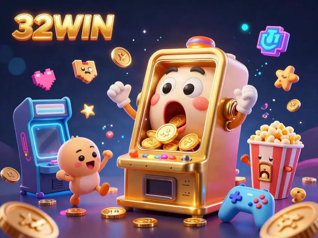 32WIN slot machine celebrates a jackpot win, surrounded by cheering baby slots and game elements