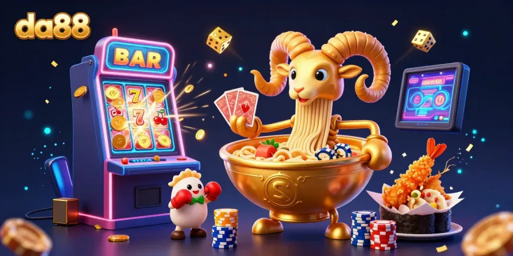 Experience thrilling gaming action with da88, highlighted by a golden ramen bowl dealer amidst a vibrant casino scene.