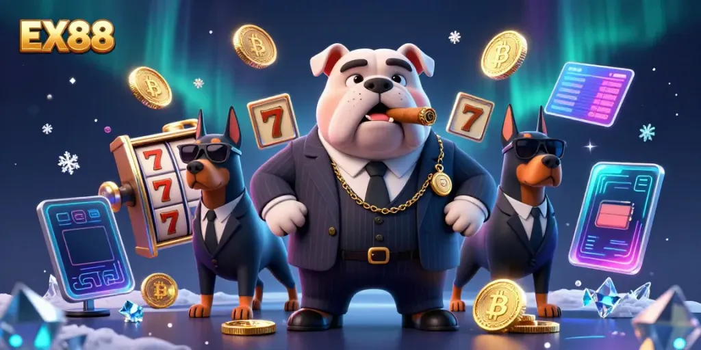 Experience the excitement of EX88 with a mafia-inspired 3D casino scene showcasing slot reels and crypto coins.