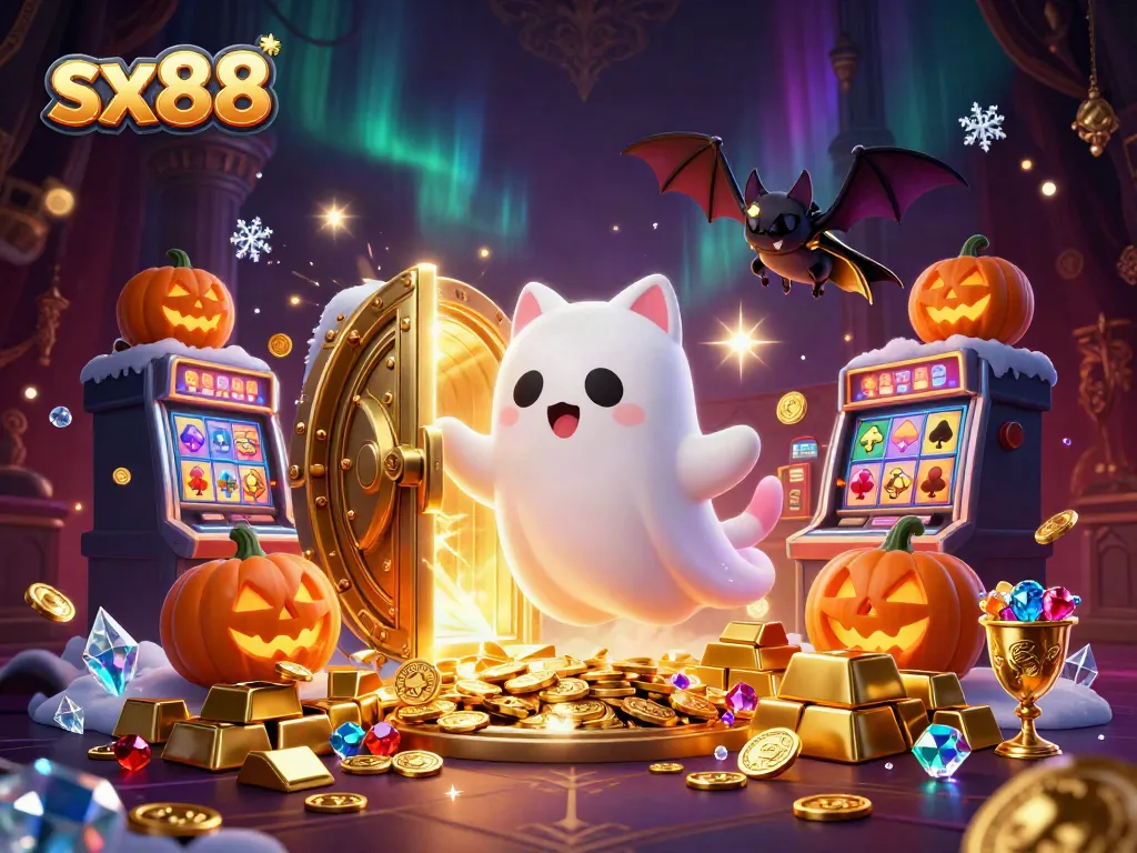 Sx88 casino adventure with ghost cat and vampire bat amidst treasure, jackpots, and festive glow!