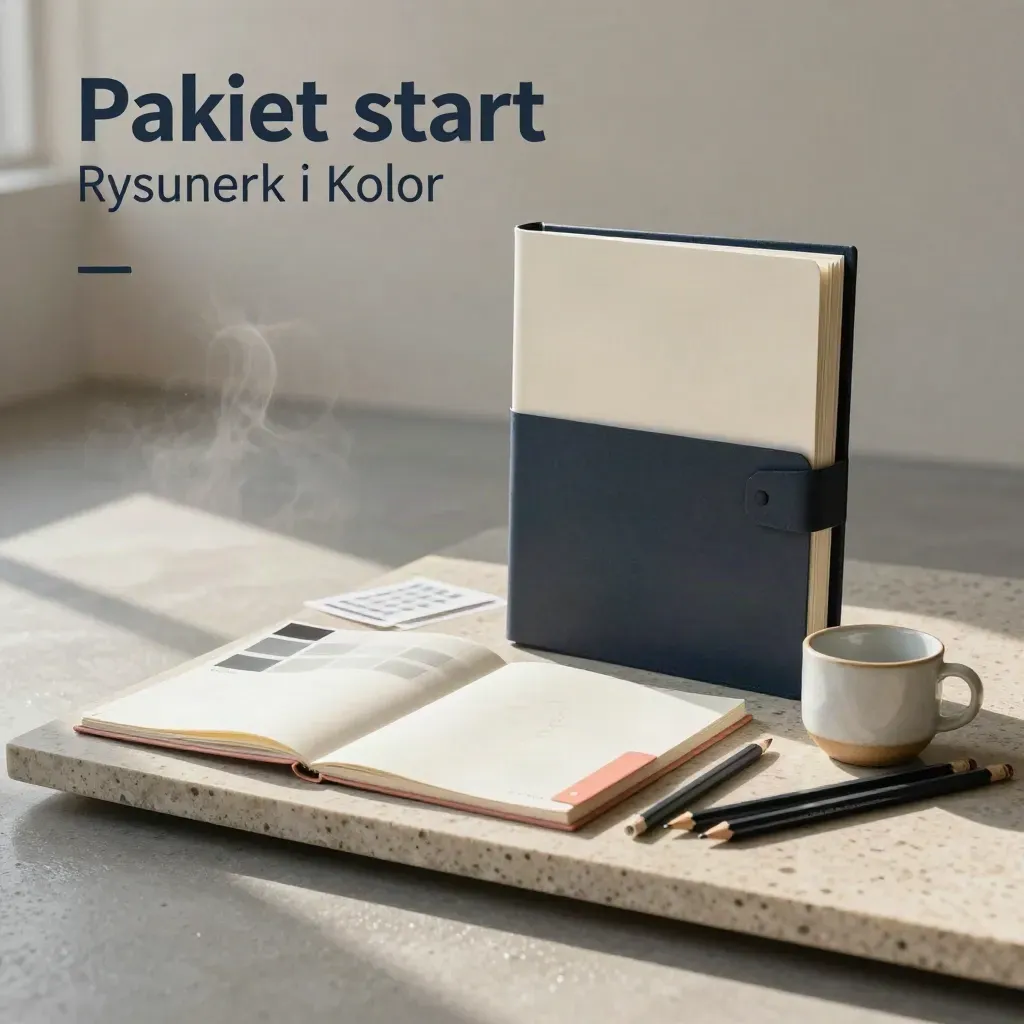 Pakiet do rysunku i koloru na kamiennej płycie, z teczką, szkicownikiem i ołówkami.