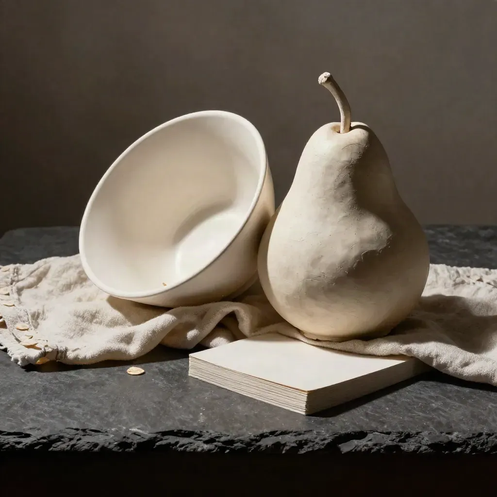Ceramiczna miska, obiekt w kształcie gruszki i karty studium w dramatycznym świetle.
