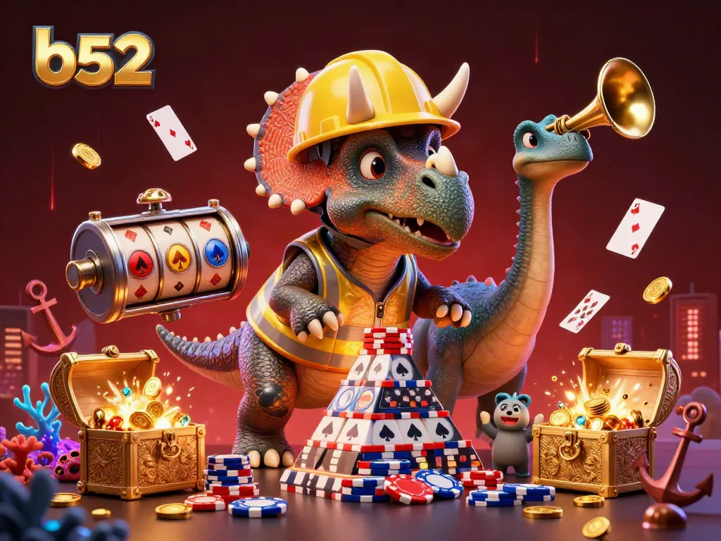 Celebrate winning moments with b52 casino-themed triceratops building poker chip pyramid.