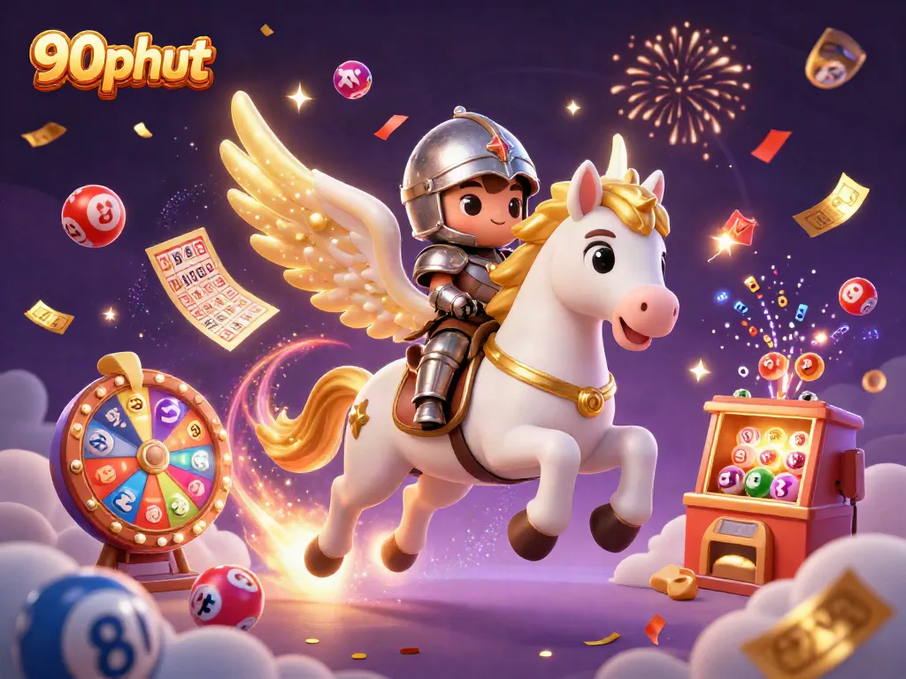 90phut jackpot celebration with a celestial horse and colorful gambling elements bursting into action