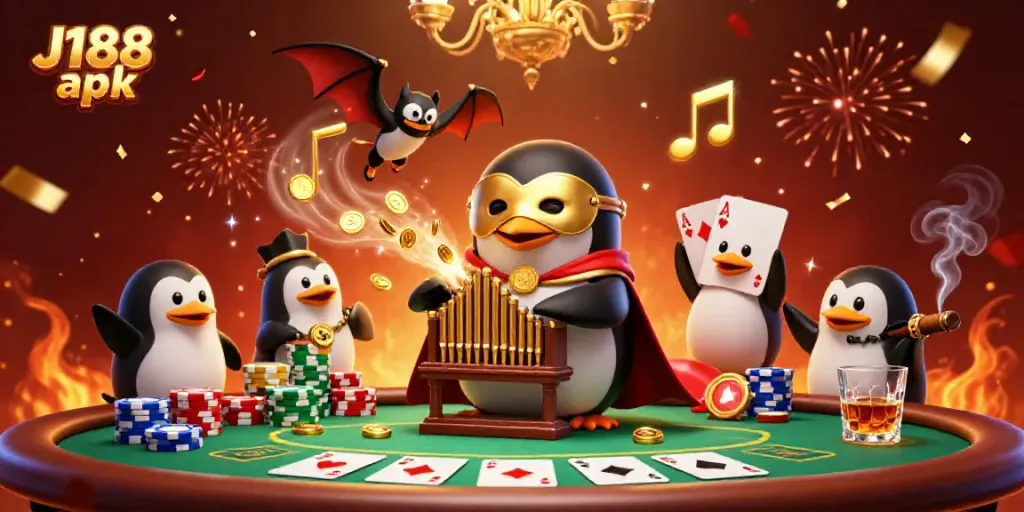 Experience the thrill of J188 apk with a vibrant casino scene featuring charismatic characters and dynamic poker elements.