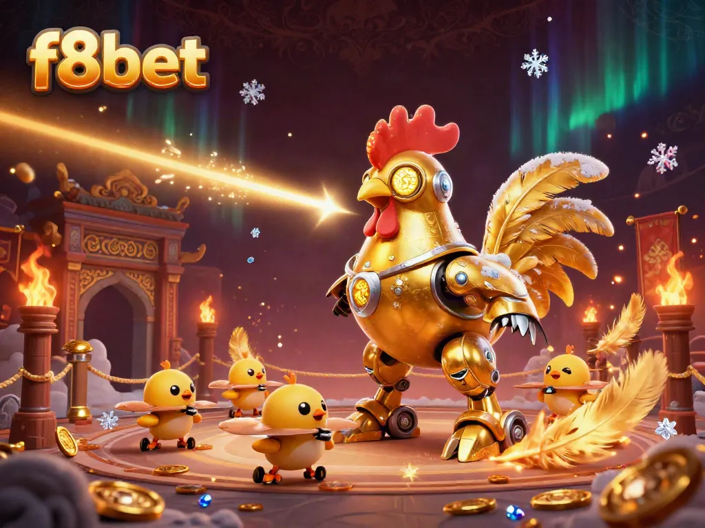 Experience f8bet with a futuristic golden rooster robot and playful chick drones in a vibrant casino scene.