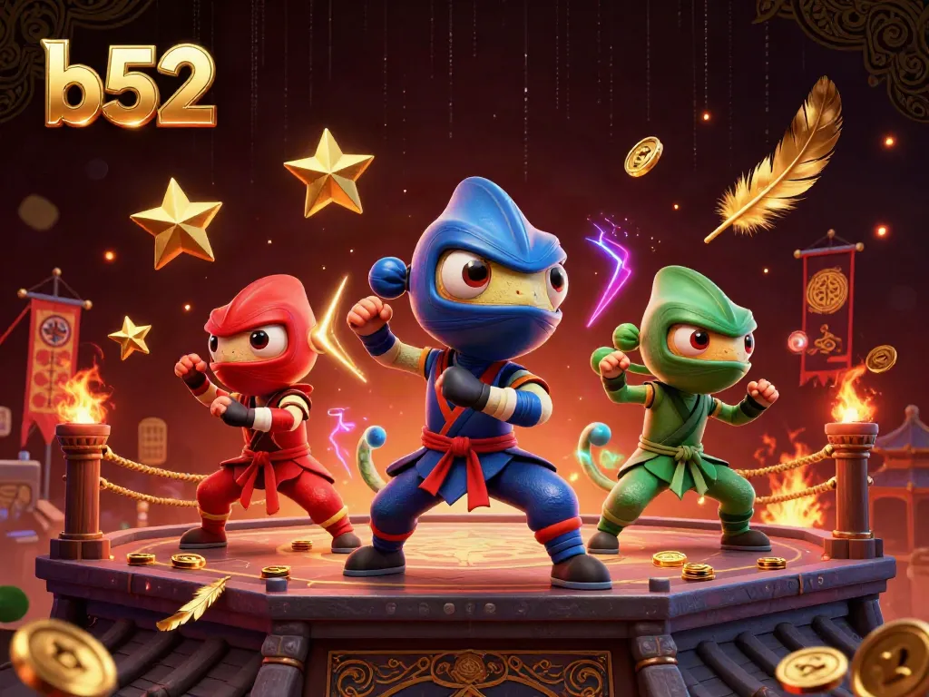 Experience b52 action with ninja chameleons amidst vibrant casino elements and dynamic martial arts.