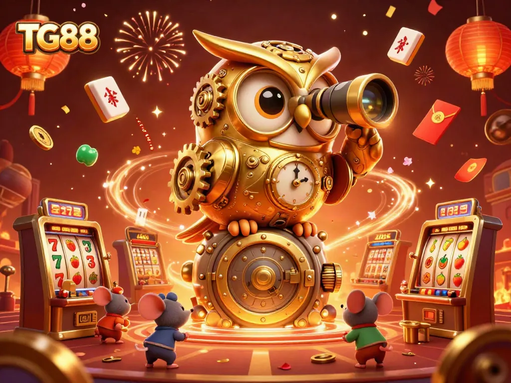 TG88 casino illustration with a golden owl and dynamic slot symbols celebrating gambling.