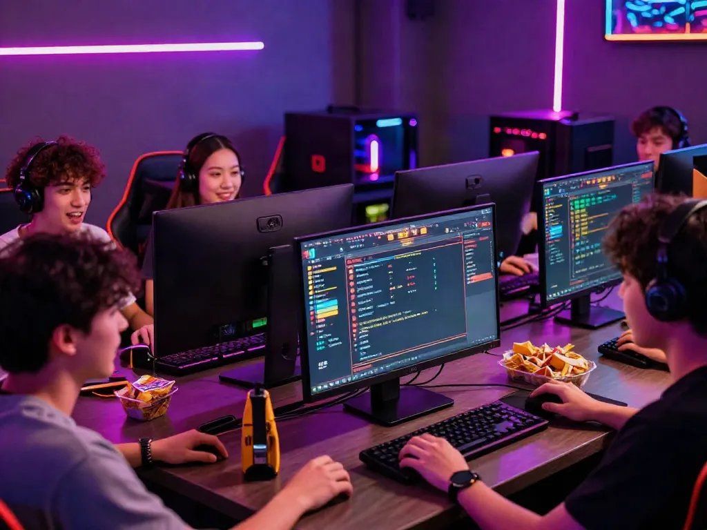 Friends enjoying a live bandar togel game in a vibrant gaming lounge.
