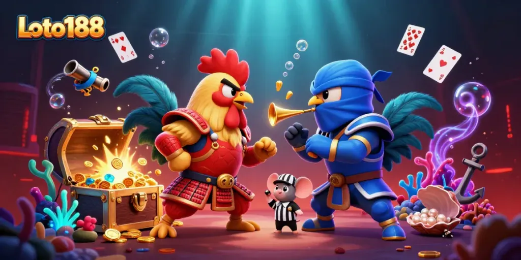 Loto188 showcases twin 3D cartoon fighting roosters with dynamic gaming elements in an exciting standoff.