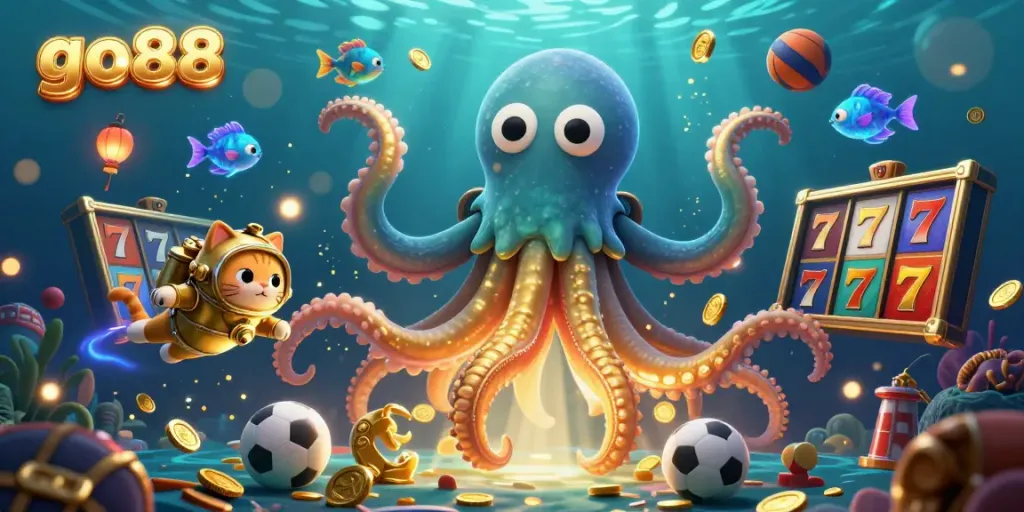 Engage with go88's thrilling treasure hunt featuring a colossal kraken and a diving cat, set in a vibrant underwater casino world.