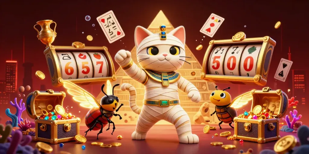 xoso66 brings excitement to players with a vibrant illustration of Egyptian-themed gaming elements and colorful treasures.