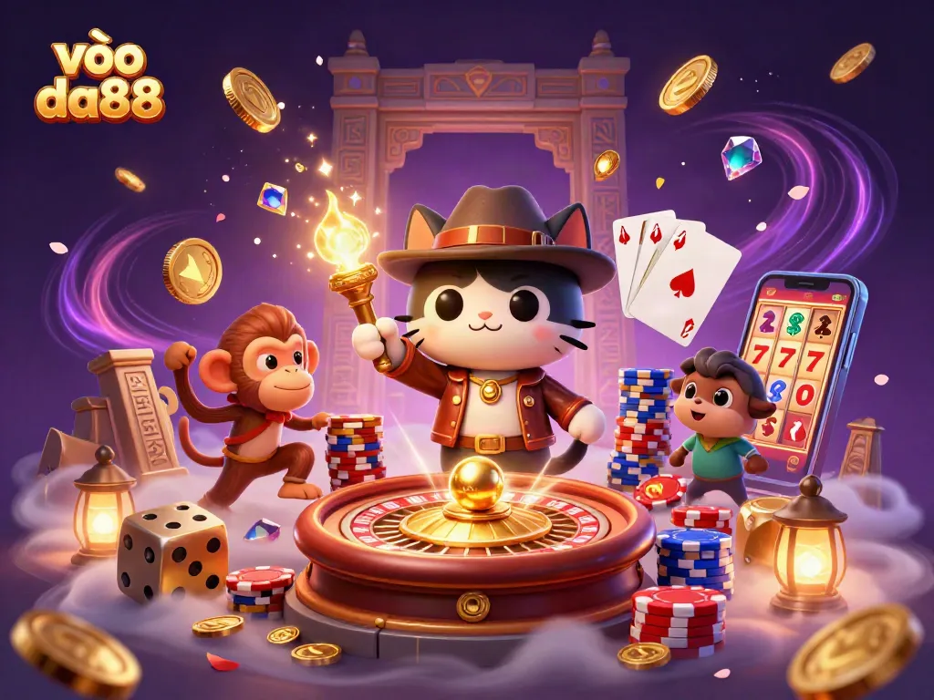 Experience the thrill of vào da88 with this vibrant illustration featuring a daring archaeologist cat discovering a casino artifact.