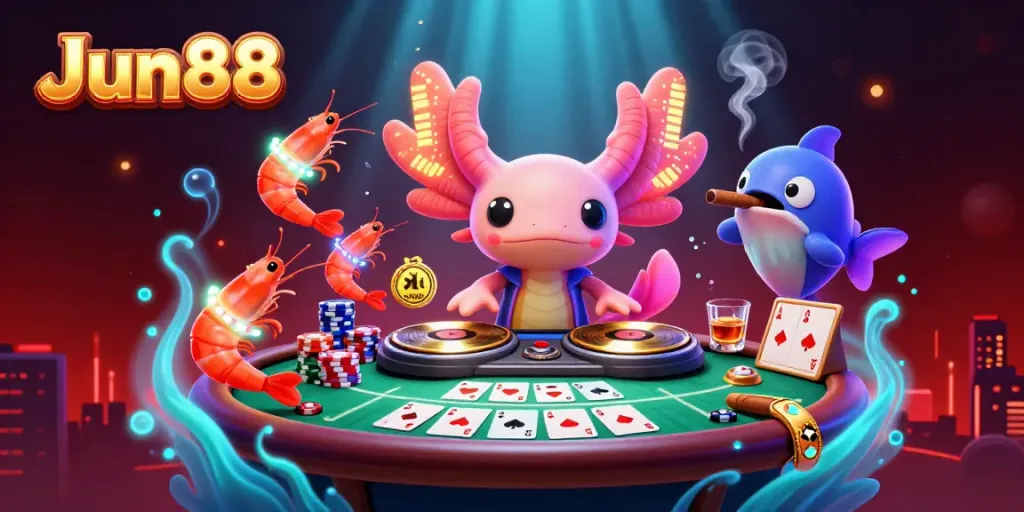 Experience the excitement of Jun88 with a neon underwater casino scene featuring the axolotl DJ and vibrant game elements.