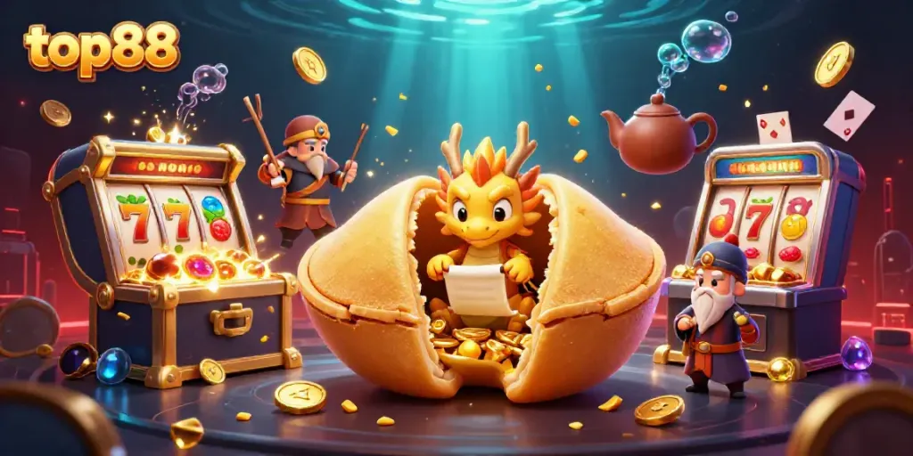 Engage with top88's exciting 3D casino adventure featuring a golden fortune cookie and a wise dragon.