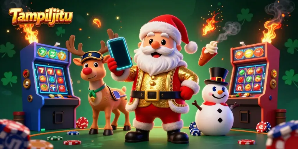 Experience jackpot excitement with Tampiljitu's vibrant casino-themed 3D illustration featuring Santa and friends.