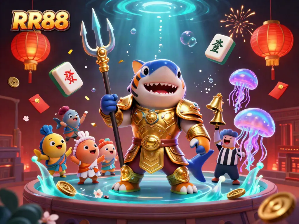 Witness the RR88 tiger shark gladiator in an underwater colosseum, among gaming treasures.