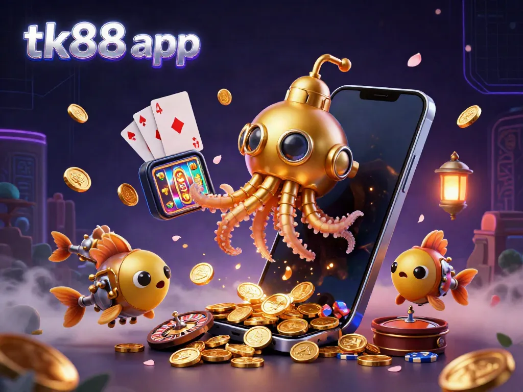Engage with the tk88 app through vibrant slot games showcased in a dynamic underwater scene.