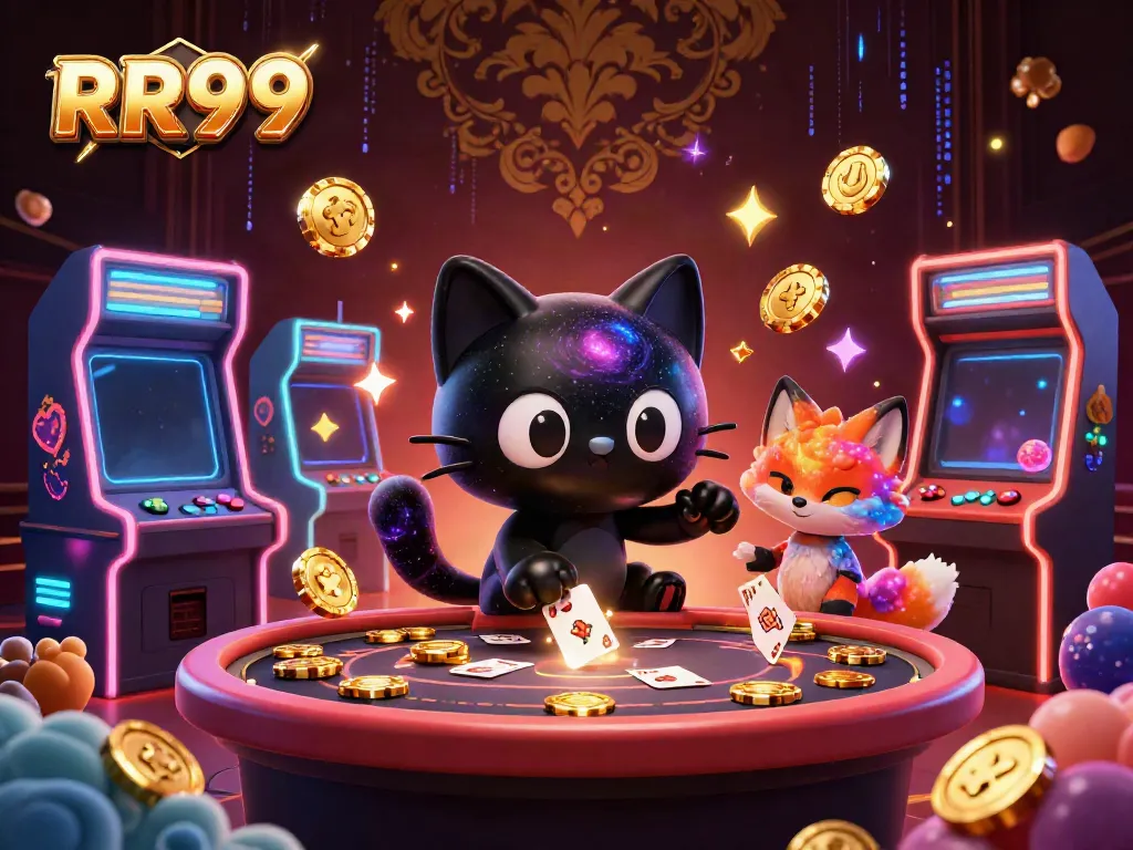 Engage with the cosmic allure of RR99 showcasing a whimsical black hole cat and nebula fox amidst glowing arcade delights.