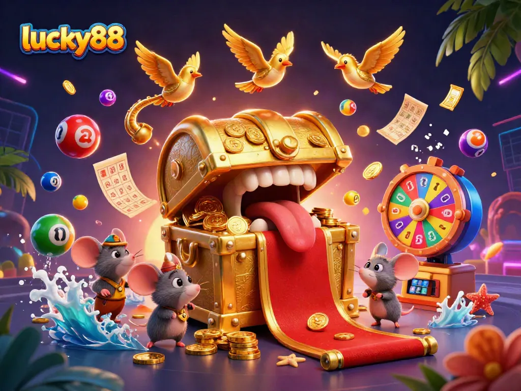 Engage with lucky88’s gaming excitement at the casino with vibrant lottery elements and golden treasures.