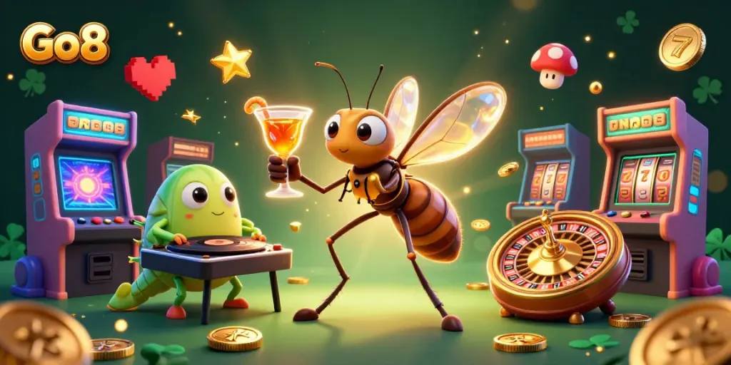 Go8 casino illustration featuring a frozen mosquito mascot, trilobite DJ, and golden roulette wheel.