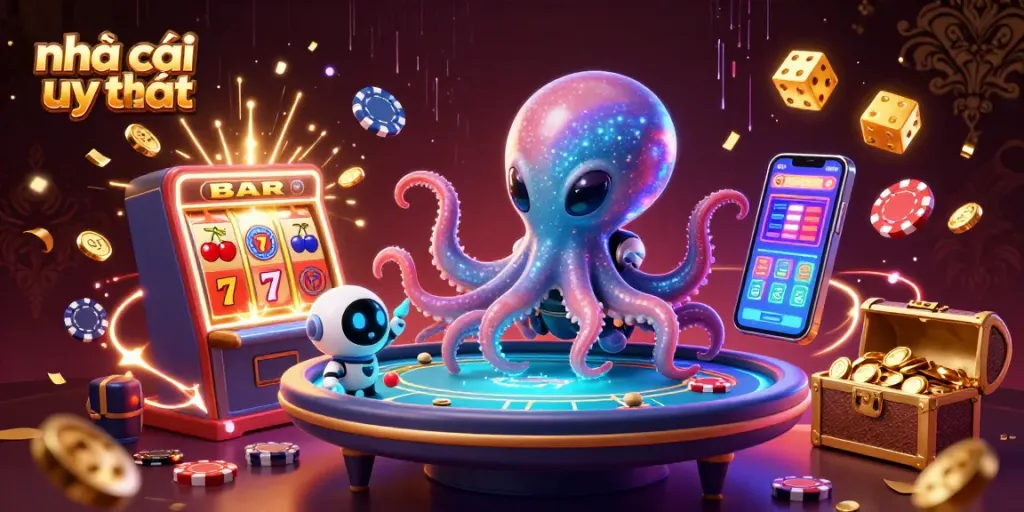 Engage with nhà cái uy tín for exciting casino action featuring a colorful alien octopus and poker chips.
