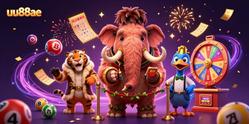 uu88ae's vibrant casino scene features a woolly mammoth bouncer checking IDs in a playful gambling atmosphere.