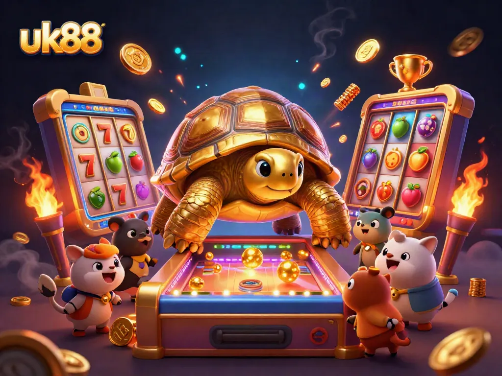 uk88's vibrant slot game scene featuring a giant golden tortoise pinball machine animated with playful elements.