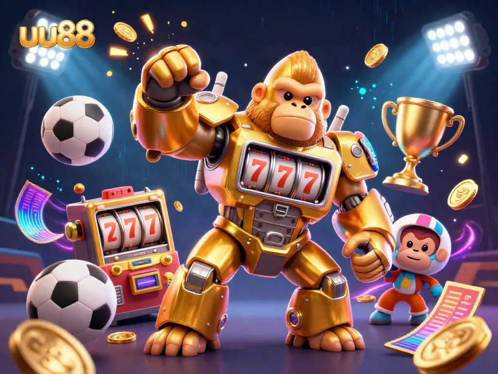 Join the excitement at uu88 with a golden gorilla mech slot machine, sports balls, and dynamic elements!
