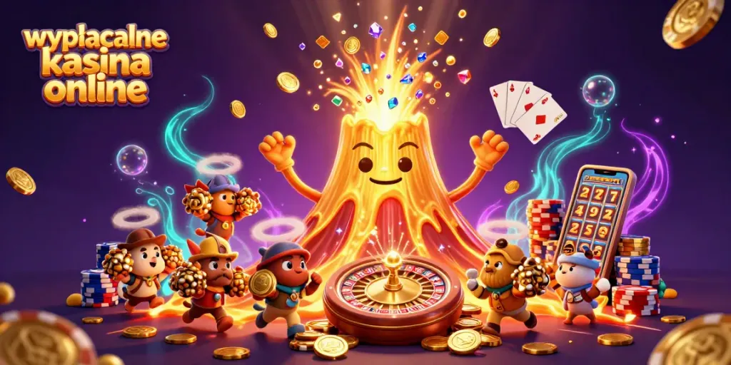 Witness the excitement of wypłacalne kasyna online with a golden volcano erupting coins and treasure.