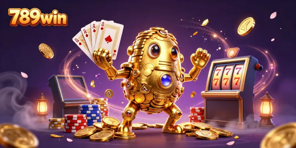 Experience the vibrant energy of 789win with a golden golem surrounded by sparkling casino elements.