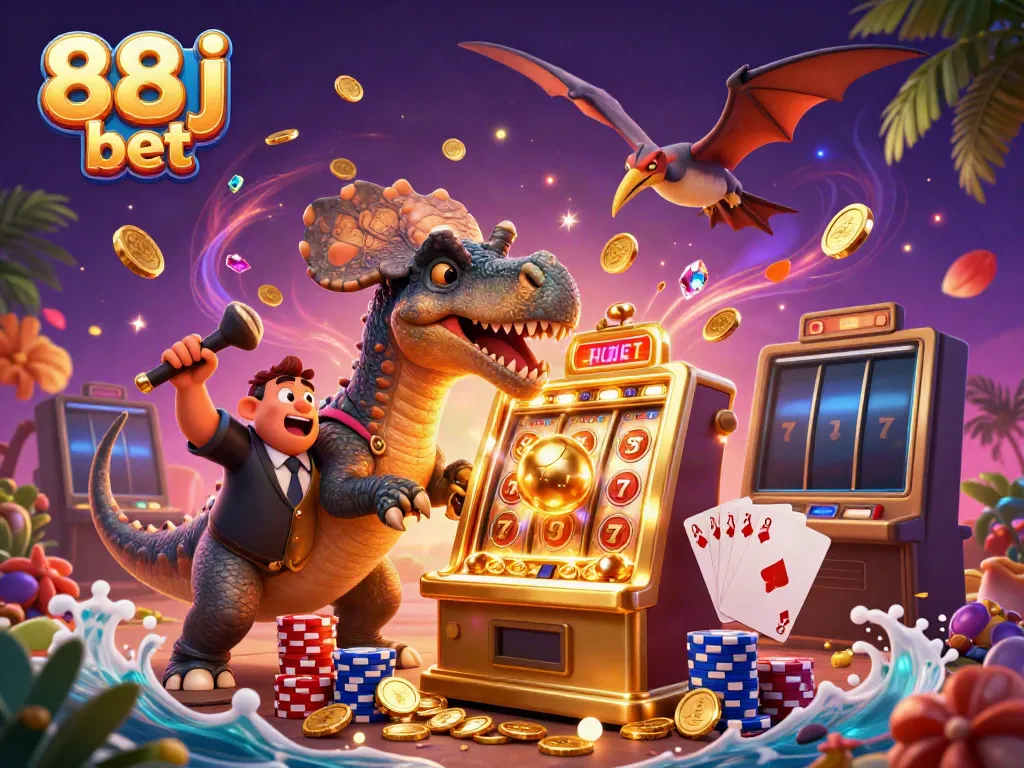 Experience the thrill of winning with 88j bet in a vibrant casino scene of animated dinosaurs.