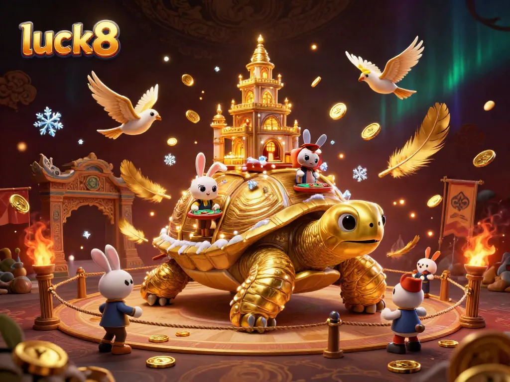Experience luck8 with a massive 3D casino tortoise, vibrant characters, and thrilling game elements.