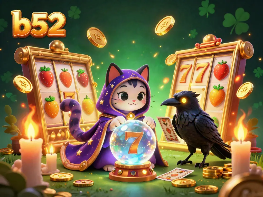 Experience thrilling wins at b52 with a dazzling 3D casino scene featuring a mystical cat and slot game elements.