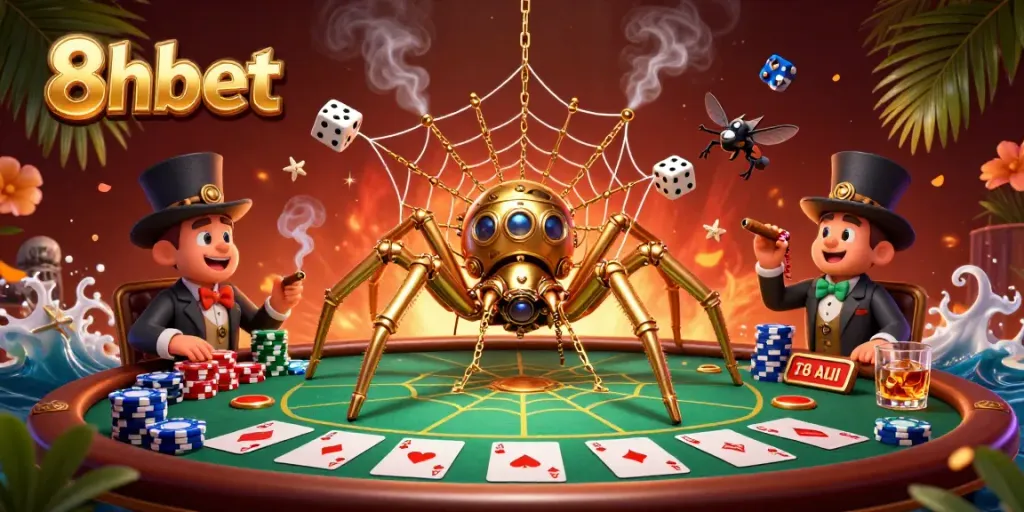 Experience thrilling gaming action at 8xbet with a captivating poker-themed illustration featuring a whimsical steampunk spider.