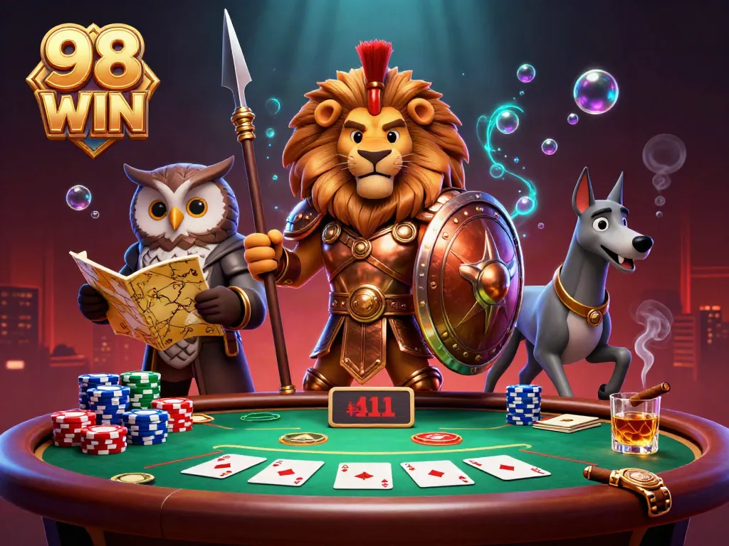 Engage in thrilling gameplay at 98 WIN with vibrant casino characters and elements.