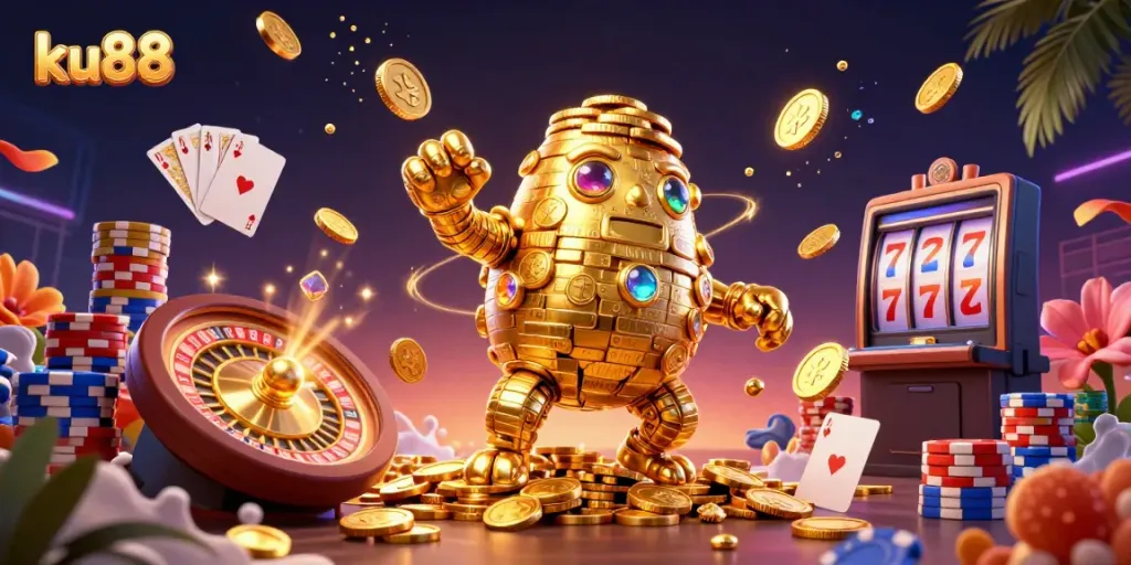 Experience the thrill of gambling with ku88's animated golem and dynamic casino elements.