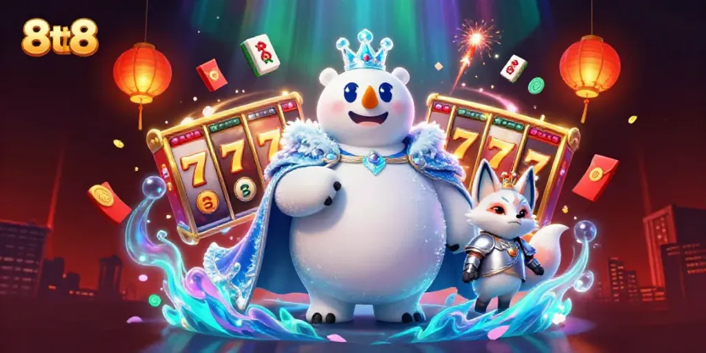 Experience the thrill of 8tt8 casino gaming with vibrant slot elements and animated characters.