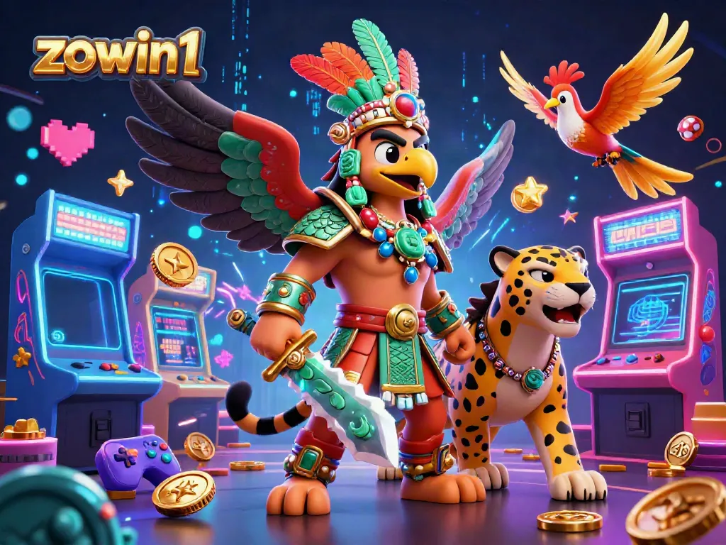 Experience thrilling gameplay with zowin1's vibrant casino-style 3D illustration featuring an Aztec warrior and a jaguar.